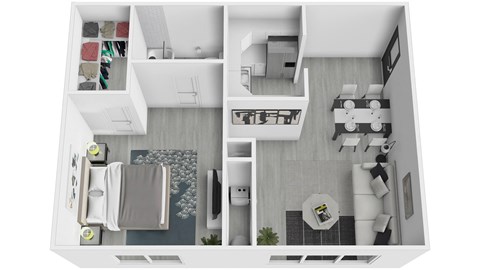 Floor plan for 1 bed, 1 bath, 597 sqft